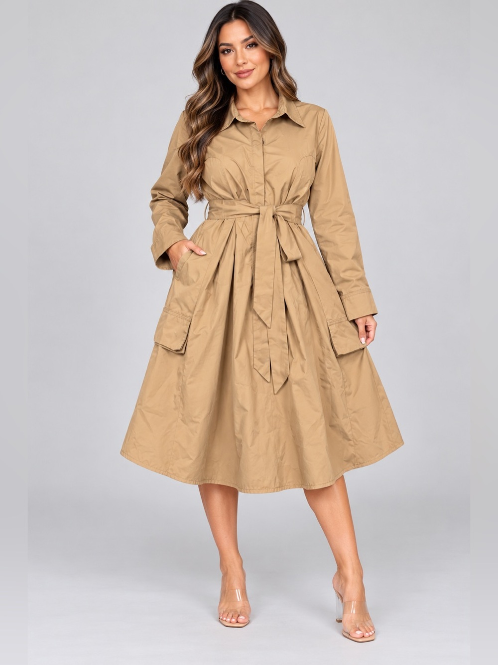 BTFBM Women's Tan Trench Coat Dress - Long Sleeve Belted A-Line - Size L